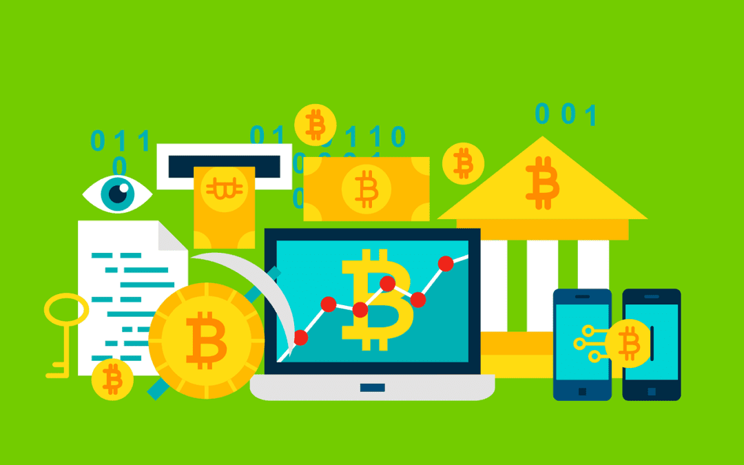 A lime green background. Several images representing blockchain technology.