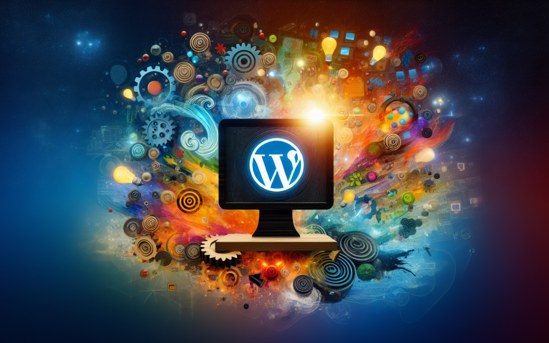 WordPress logo on a computer screen surrounded by various colors.
