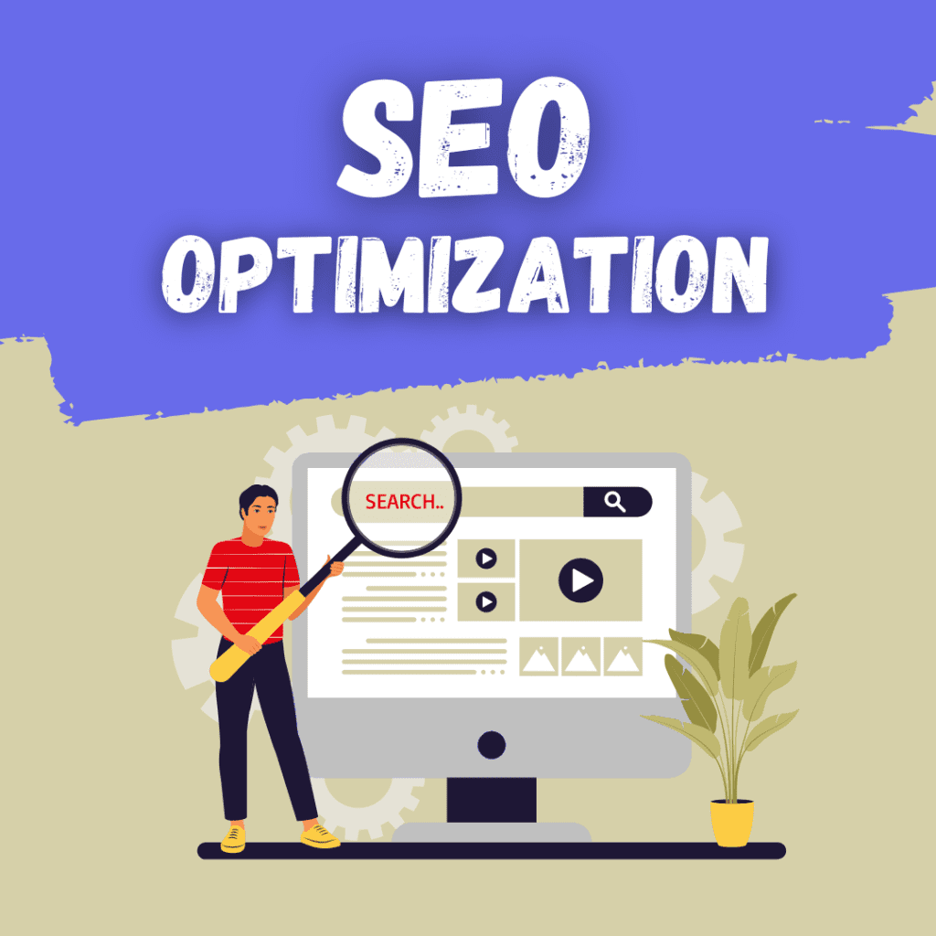 SEO services in Orange County. A man holding up a magnifying glass to the search bar on a computer screen. Block letters above say SEO optimization.