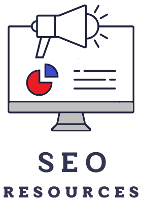 SEO service logo A computer with a pie chart and description on the screen. Says SEO resources in block letters below.
